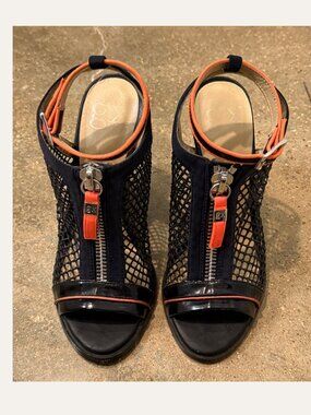 GX by Gwen Stefani Mesh Wedge Sandals Black Blue Orange Size 8